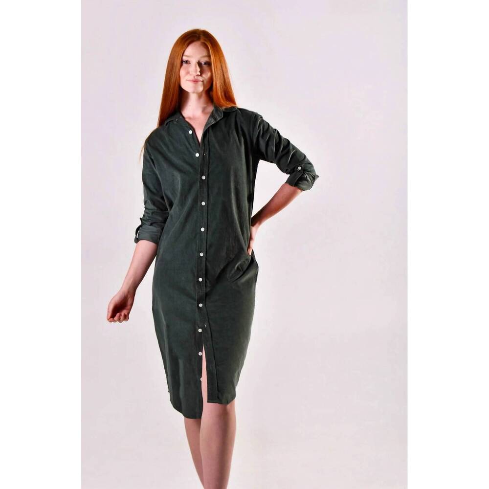 NEW EMILY PHILLIPS baby cord midi dress in forest green